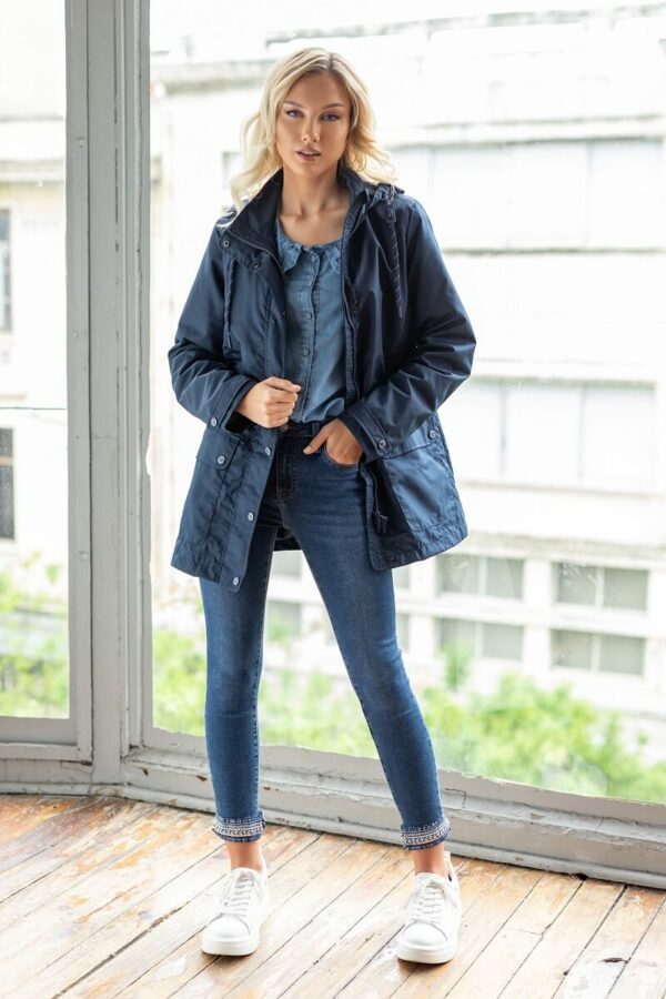 Hooded trench coat in dark blue color